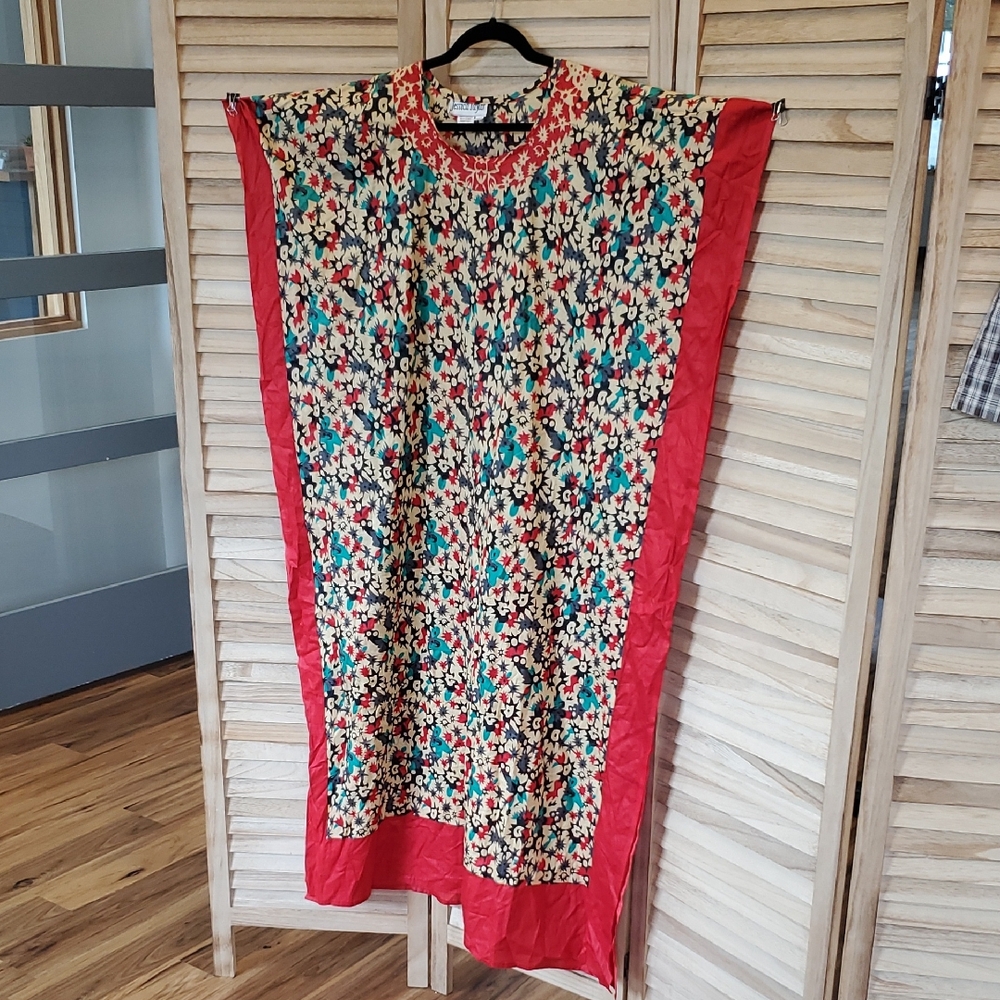 Jessica Taylor Red Abstract Floral Caftan 100% Cotton  ONE SIZE